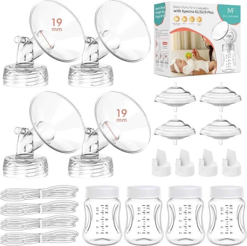 MilkFlow Pump Parts 4PCS Replacement Kit for Spectra S1/S2/S9 Plus/Synergy Gold – Includes 19mm Flanges, Duckbill Valves, Backflow Protectors, Tubes & Bottles (Not Original Accessories) - Image 1